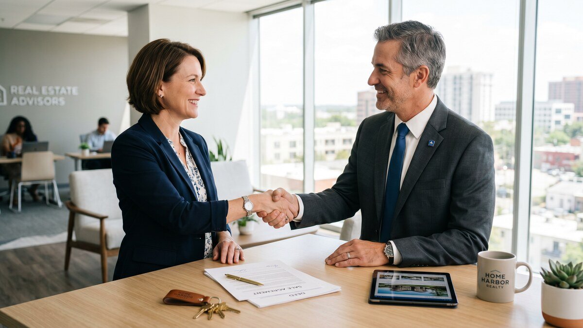 Homeowner and advisor shaking hands at closing